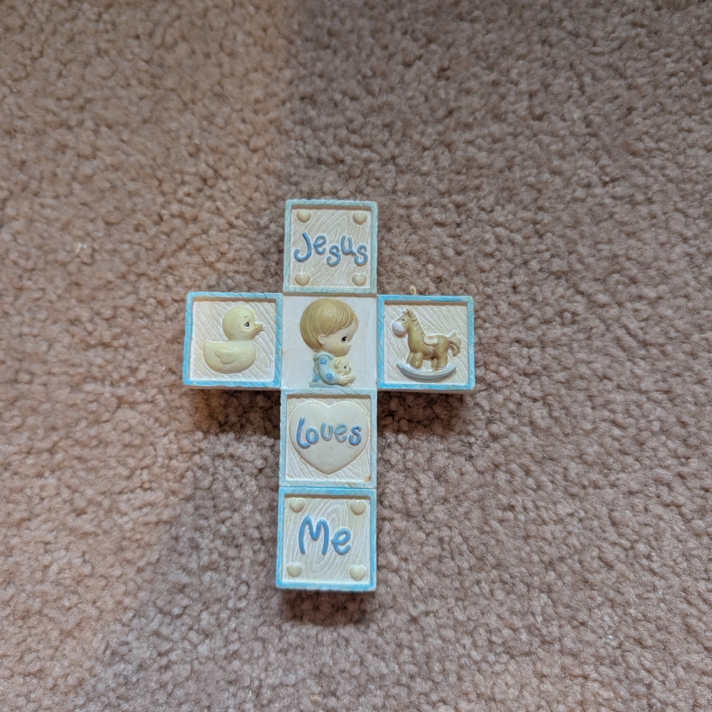 Small Precious Moments Blue and Cream Cross